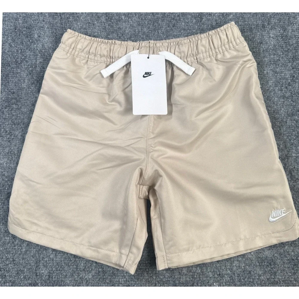 Nike Kids Size 5 Woven Athletic Shorts Khaki Tan White Drawstring Logo NWT
